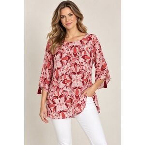 JM Collection Women Red Pink Floral Tassel Sleeve Linen Blend Tunic Top Medium